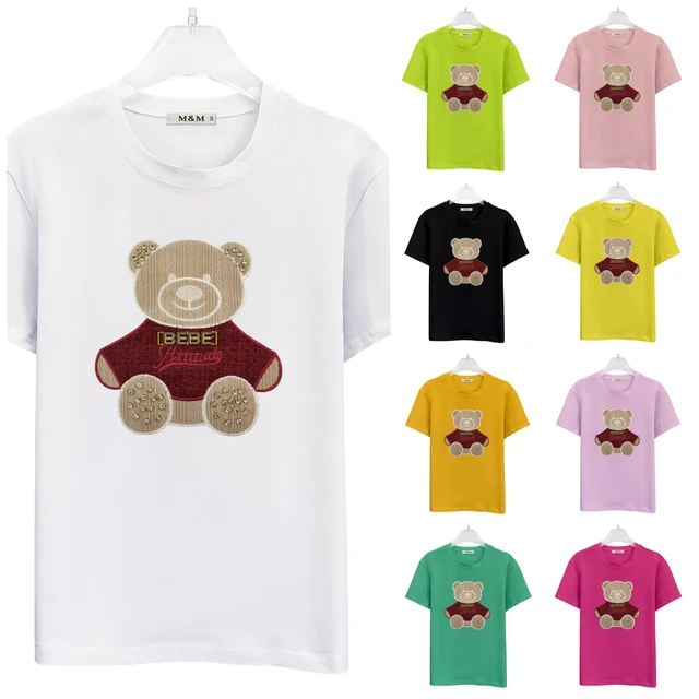 T-7528K Best Quality Bear Iron On Heat Transfer Lovely t-shirt Cute Bear Motif Hotfix Rhinestones Custom Design women T-shirt