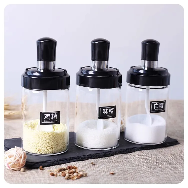 Glass Spice Box Spoon and Lid Integrated Spice Jar Combination Seasoning Jar Kitchen Supplies Home Salt Shaker Oil Bottle