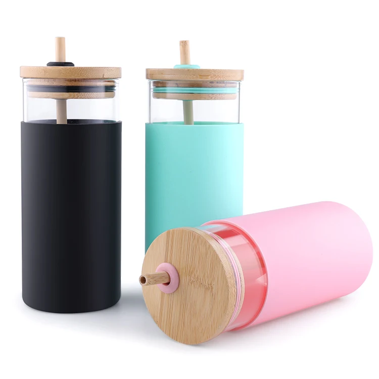 BPA Free Yomious 20 Oz Borosilicate Glass Water Bottle with Bamboo Lid and Silicone Sleeve 