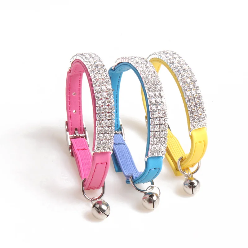 Wholesale Rhinestone Dog Cat Collar High Quality Pu Leather Puppy Cat Collar with Bell