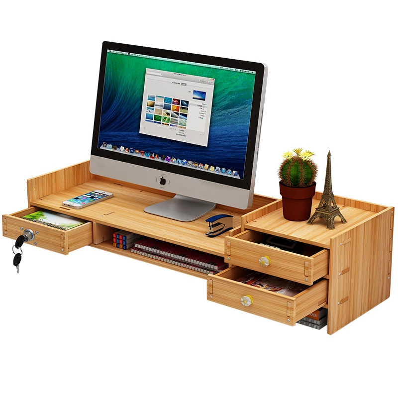 Bamboo Wood Monitor Stand Computer Riser with Storage Organizer Drawers Cellphone Stand for Home and Office Brown