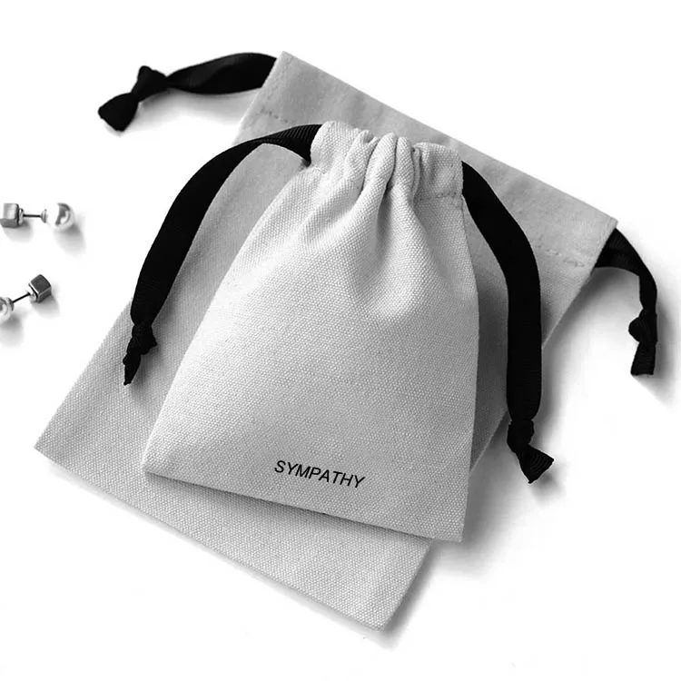 canvas drawstring gift pouch white cotton jewellery bag printed logo jewelry storage bag