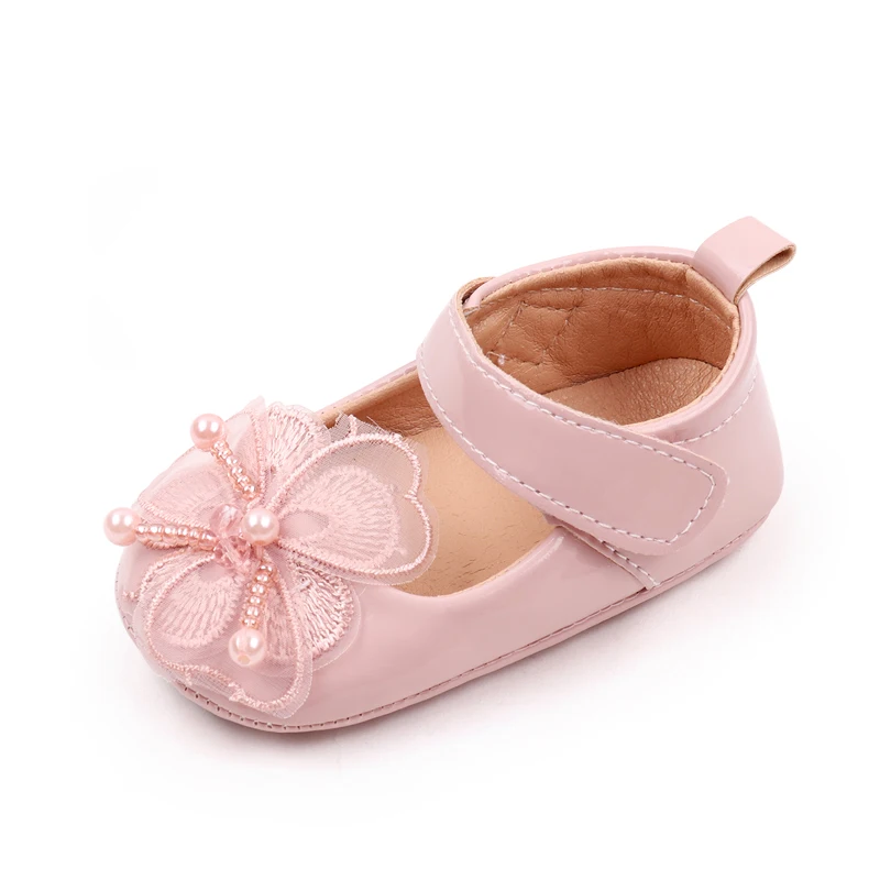 Solid Color PU Leather Veil Quality Flowers Pearl Stamen Elegant Princess Toddler Shoes for Baby Girls factory