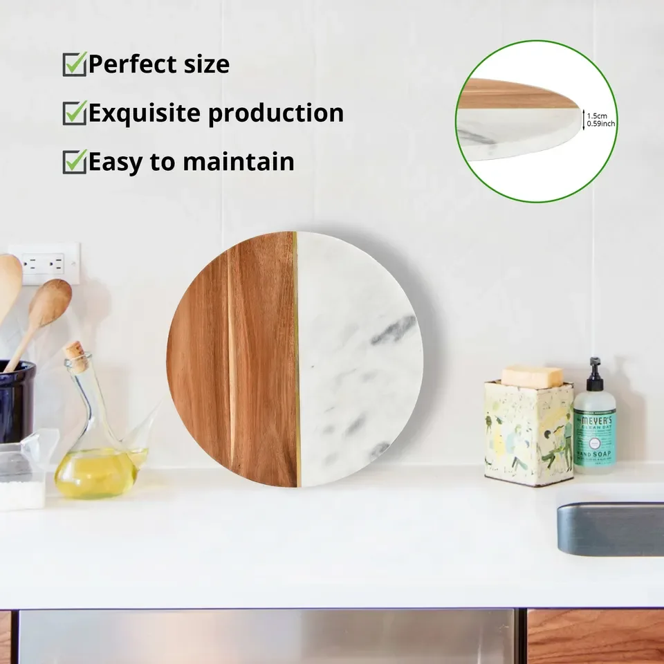Kitchen Round Cutting Serving White Marble and Acacia Wooden Cheese Board for Meats with Marble Stone