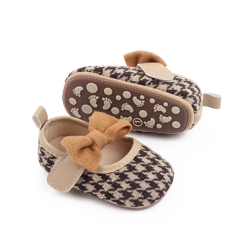 Plush Large Bow Thousand-bird Plaid Vintage Princess Soft-soled Toddler Shoes for Baby Girls manufacture