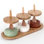 Kitchen Spice Set 3pcs Kitchen Storage Glass Spice Jar Set With Bamboo Tray