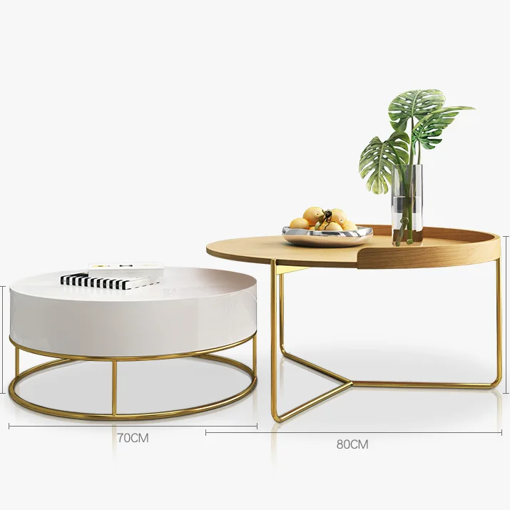 Modern large wooden metal leg white marble living room round storage coffee table set