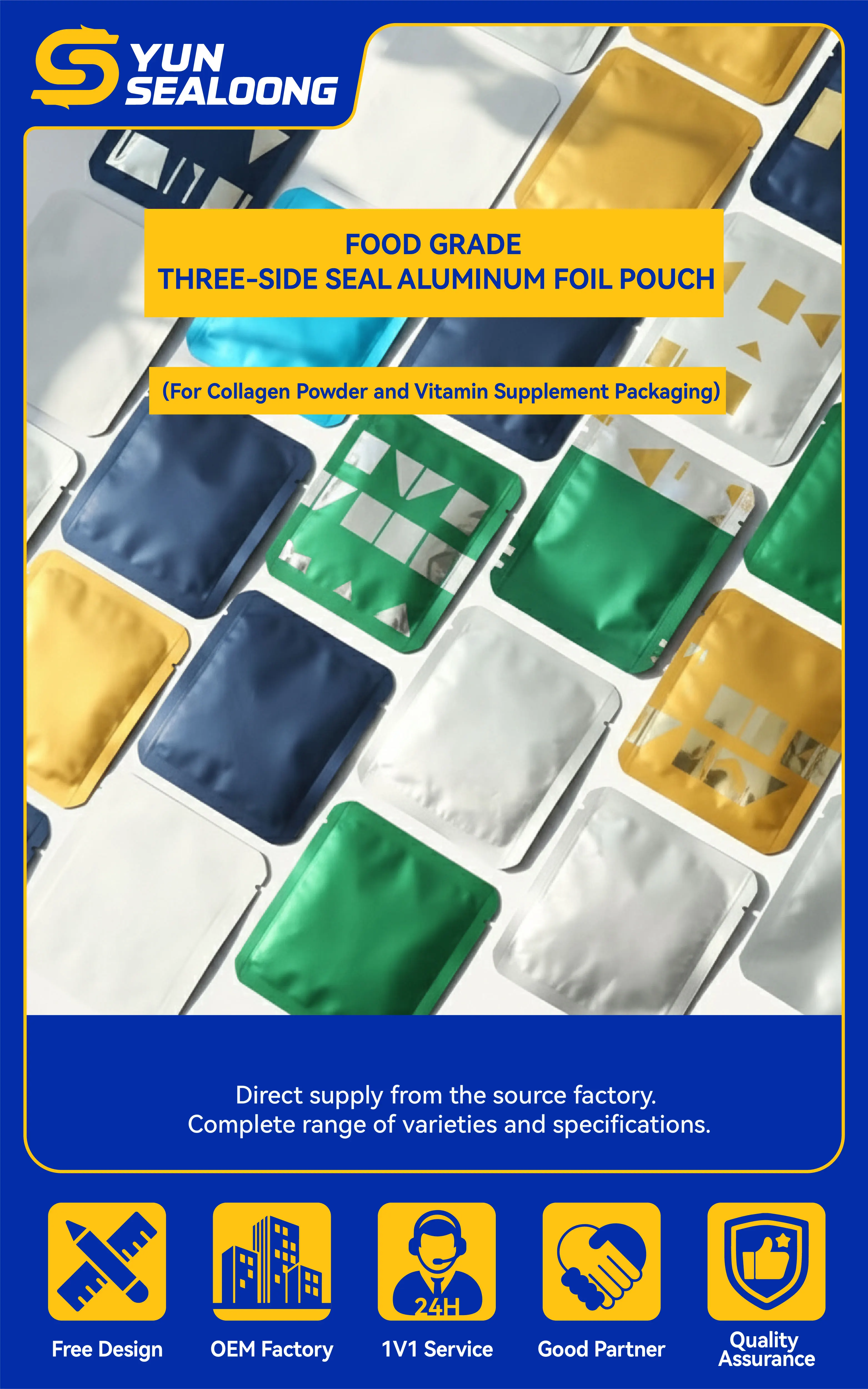 Food Grade Three-Side Seal Aluminum Foil Pouch for Collagen Powder and Vitamin Supplement Packaging