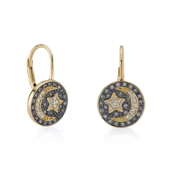 promotion gold plated micro pave cz coin charm spring clasp cz moon star earring