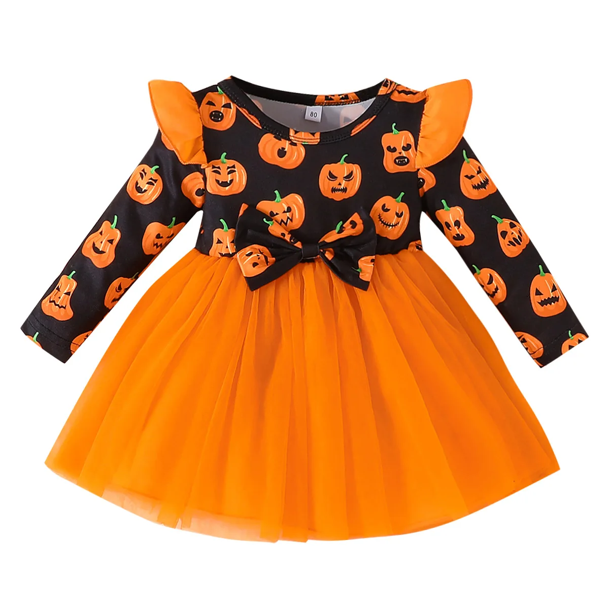 Halloween Hot Selling Pumpkin Demon Autumn Girls' Round Neck Long Sleeve Wooden Ear Shoulder Fluffy Princess Dress girls dresses