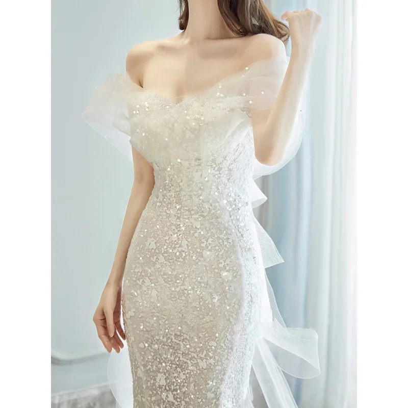 New Arrival Mermaid Wedding Dress Bridal One Shoulder Sequin Temperament Trailing Wedding Dress
