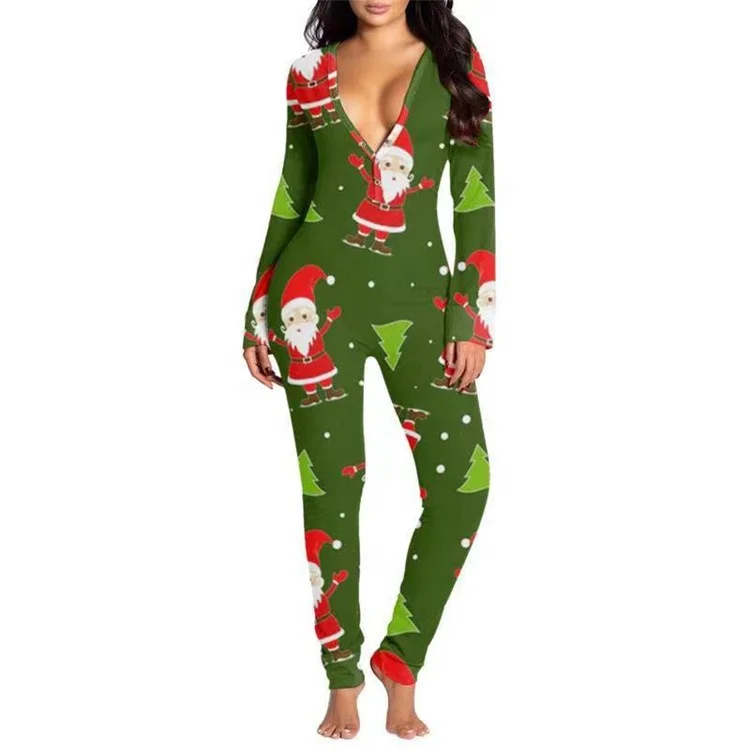 Women's Christmas Pajamas Long Rompers Printed Long Sleeve V Neck Button Down Slim Fit Jumpsuit Sleepwear Loungewear Outfit