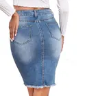 Skirt Women High Waist Ripped Pearl Beading Raw Hem Bleached Denim Skirt