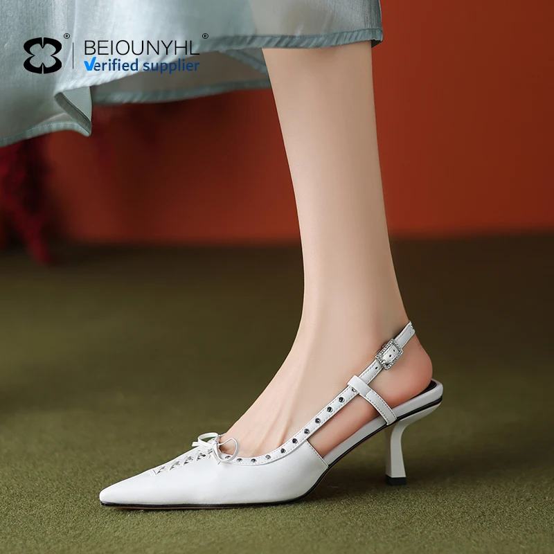 White Color Women Heels Fashion Rivets Elegant Women Heels Sexy Pointy Toe Slingback Stiletto Heel Sandals Pumps For Ladies