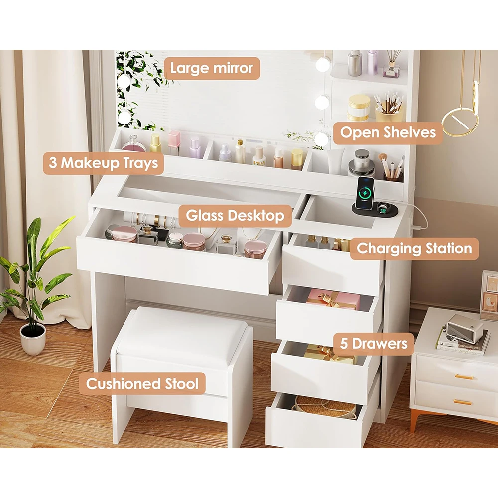 Small Modern 35.4\" Vanity Table Set Lighted Mirror Power Outlet 5 Drawers Shelves 3 Lighting Colors Makeup Vanity Desk Glass supplier