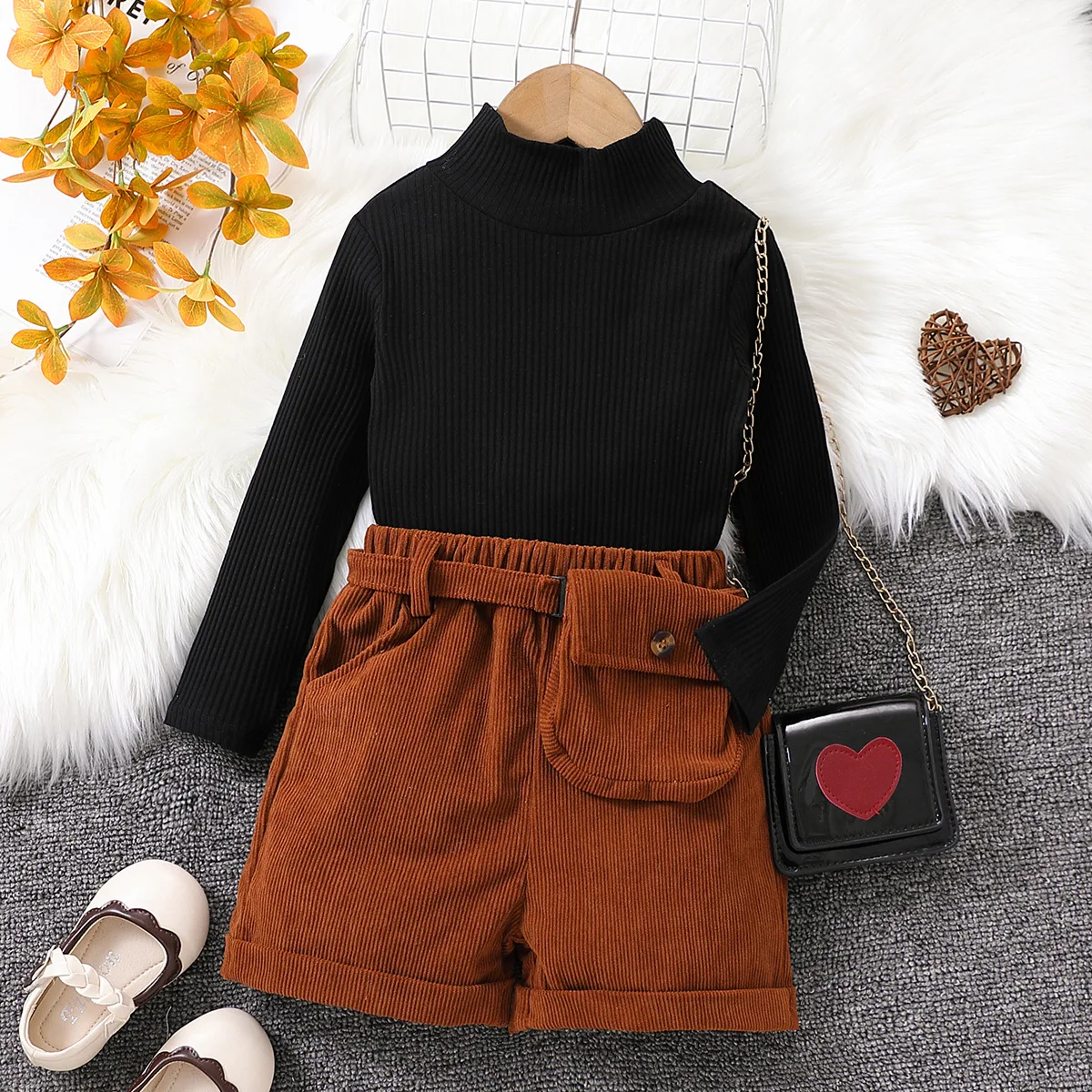 2022 autumn winter girls clothes set children black knitted shirt corduroy shorts waist bag 3pcs outfits kids clothes