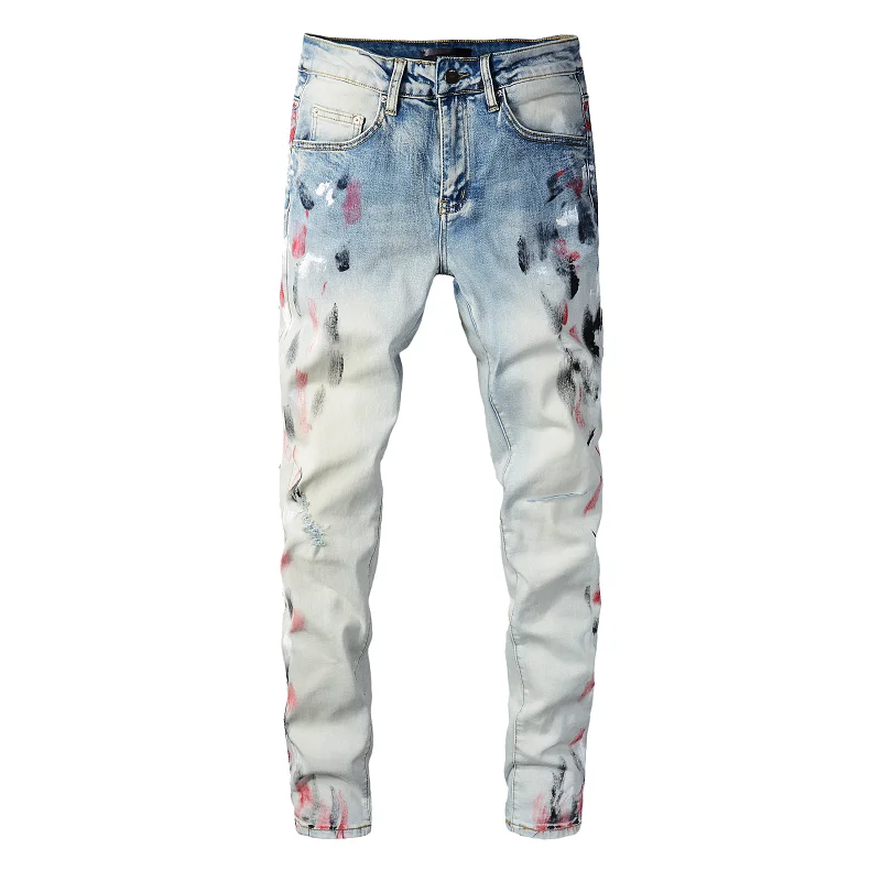 Rts For Dropshipping 819 Distressed Destroyed Skinny Tapered Ripped Patched Paint Splatter Stacked Jeans Men Jeans - Buy Distressed Destroyed Skinny Holes Men Jeans boys Damaged Jeans mens Tapered Ripped Jeans,Men