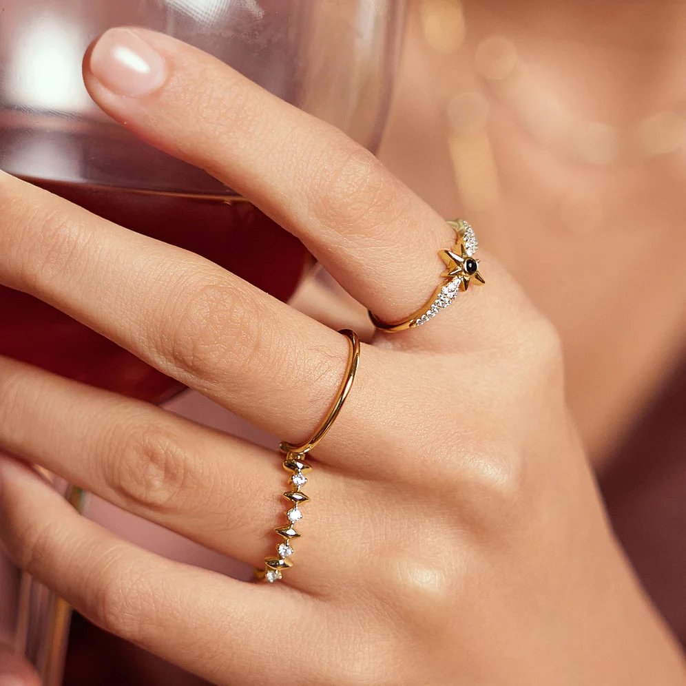 金色vermeil定制银饰品黑色玛瑙星戒指手指925纯银女性戒指