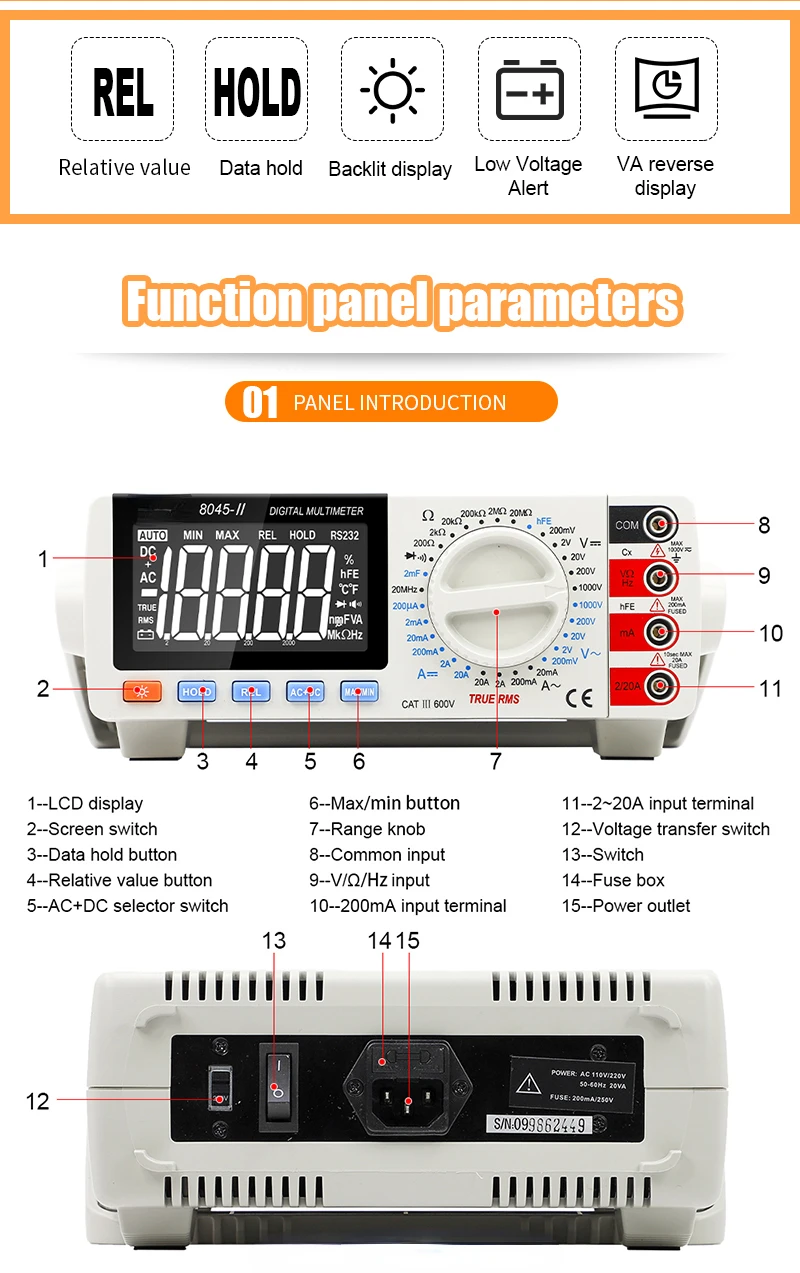 Vc8045ii Bench Type True Rms 19999 Counts Dmm Digital Multimeter Dc Ac