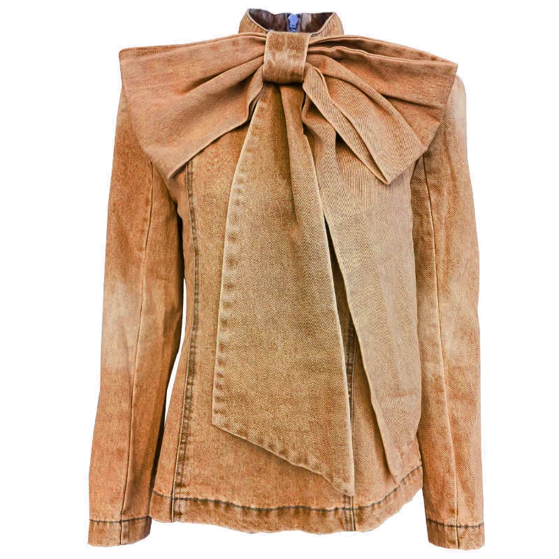 Versatile Bow Top Back Zipper Decoration Women's Denim Shirt details