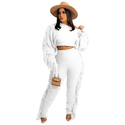 New arrival Winter Fringe Sweater Two Piece Set Women Clothing Solid Tassel 2 Piece Pants Set for Ladies