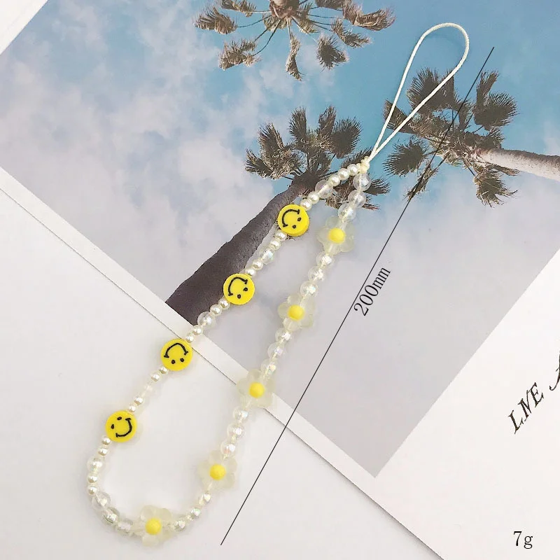 Smiley Face Mobile Phone Chain Handmade Beaded Phone Lanyard Wrist Strap Beads Chain Soft Ceramic Phone Charms Accessories