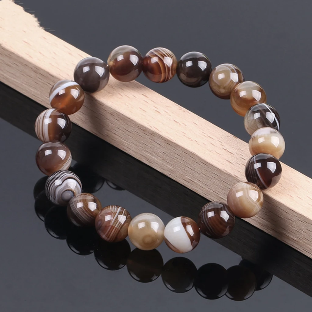 Hanpai wholesale brown stripped agate bracelet 10mm natural stone round bead bracelets elastic bracelet