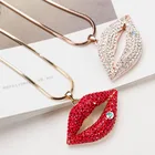 Crystal Red RisingMoon Fashion Crystal Sexy Gold Plated Bling Red Lips Charm Pendant Necklace