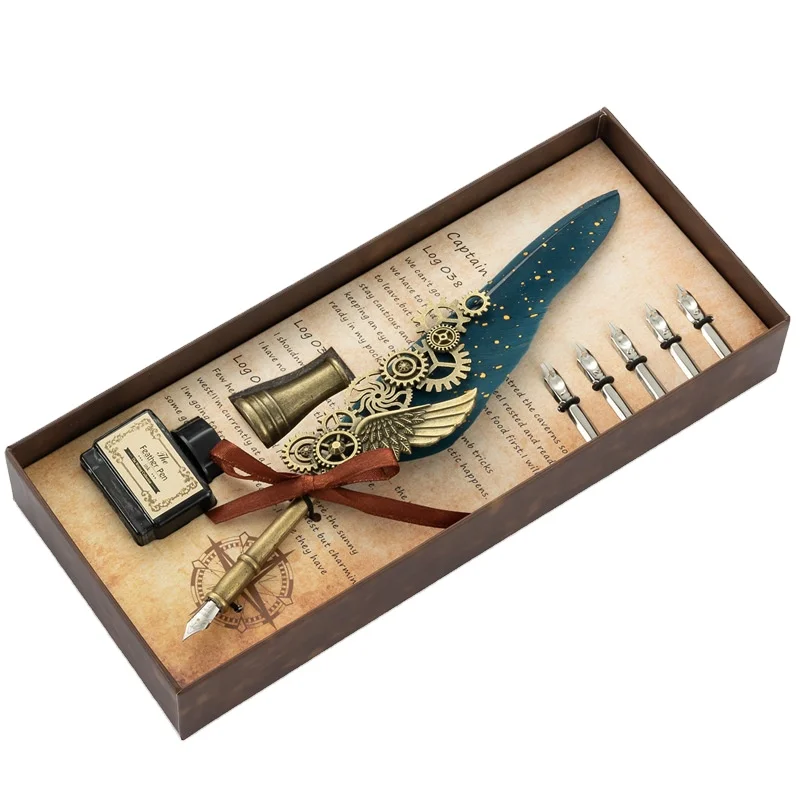 Handmade Retro Mechanical Steampunk Style Sprinkling Feather Quill Pen Ink Set Shimmer School Gift
