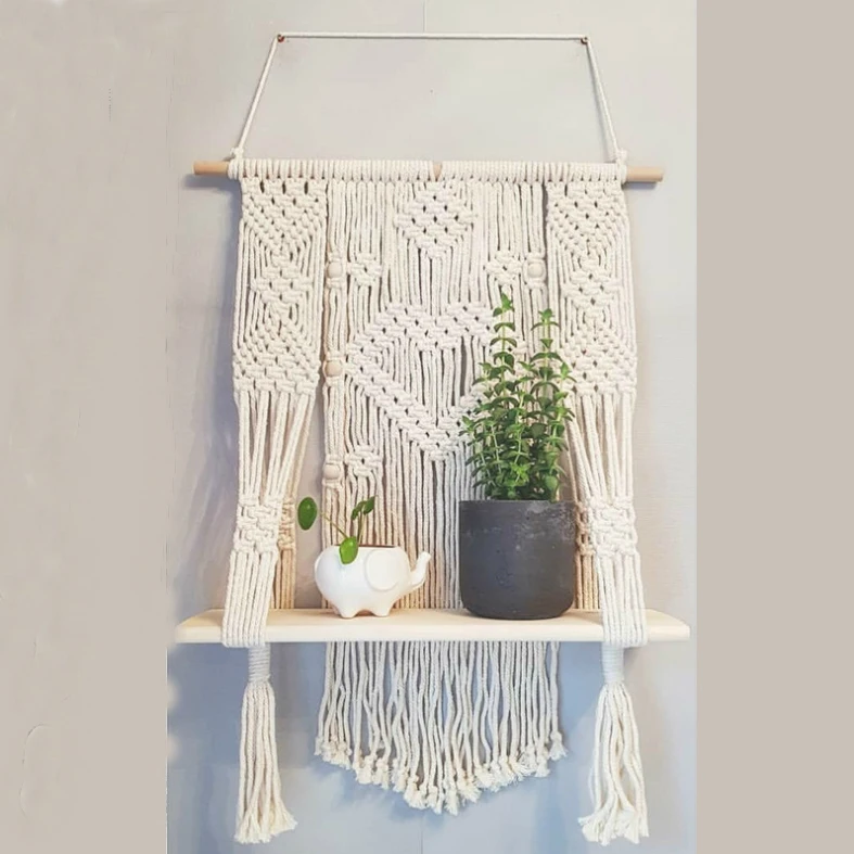 Hot Sold Macrame Wall Hanging Plant Hanger Woven Wooden Plant Pot Holder Indoor Outdoor Macrame Shelf