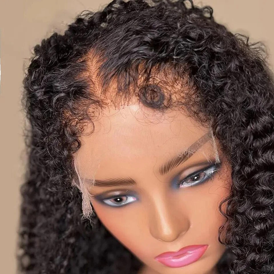Pre Cut Wear And Go Glueless Human Hair Type 4C Edges Hairline Wig Transparent 13x4 Lace Front Wig Kinky Curly Wig Natural Color