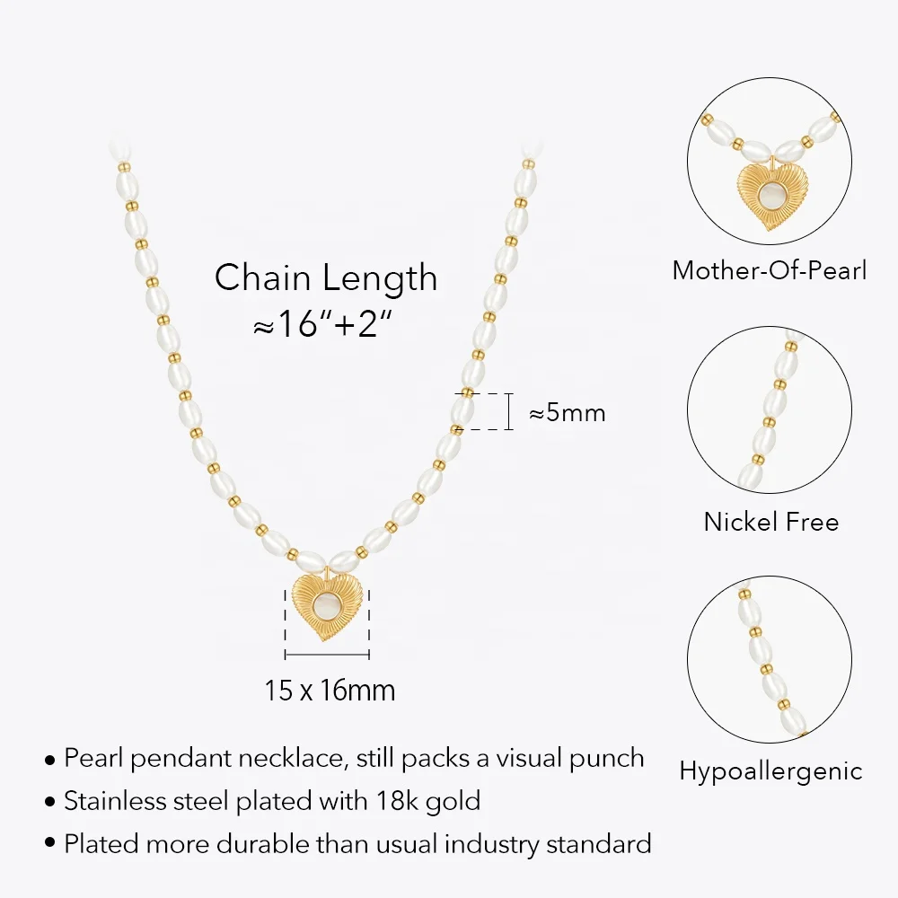 Latest 14K Gold Plated Stainless Steel Jewelry Pearl Beads Chain Heart Shape Pendant Trendy For Women Party Necklace P233409