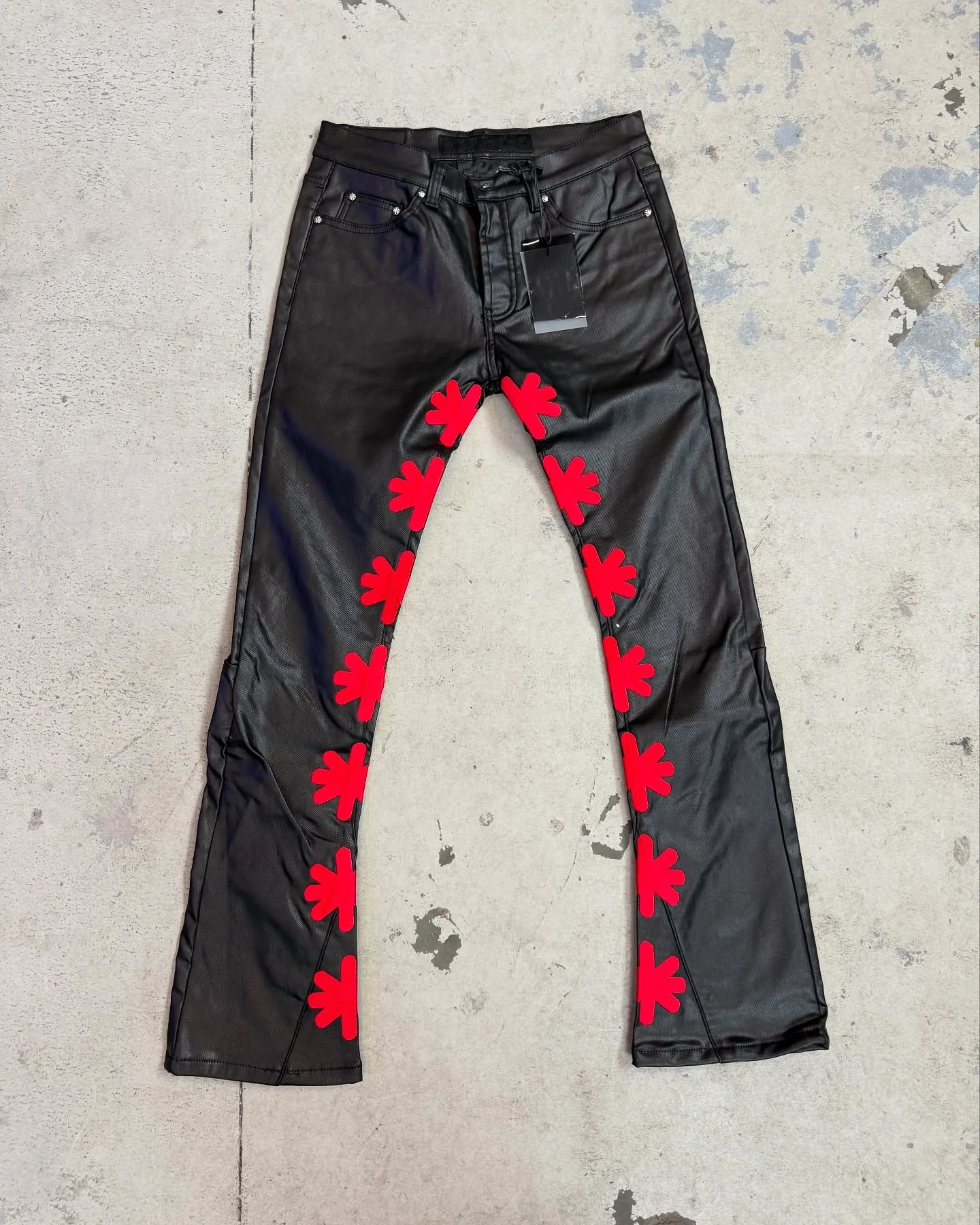 Streetwear Custom Patch Embroidery Pu Leather Pants Vintage Wash Flared Jeans Denim Pants for Men factory