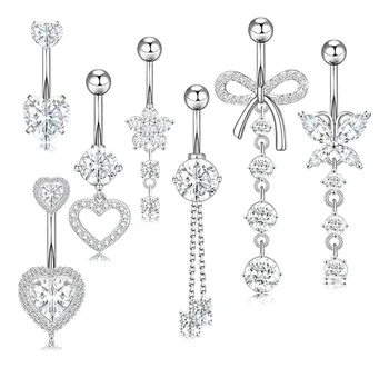 7 Pcs Belly Button Ring for Women Hypoallergenic Stainless Steel Dangling Belly Rings Butterfly Heart CZ Navel Piercings Pack