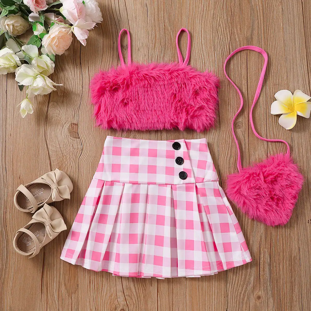 Wholesale children's clothing fashion summer fur suspender vest tops+plaid button skirt+bag 3pcs girl outfits clothes