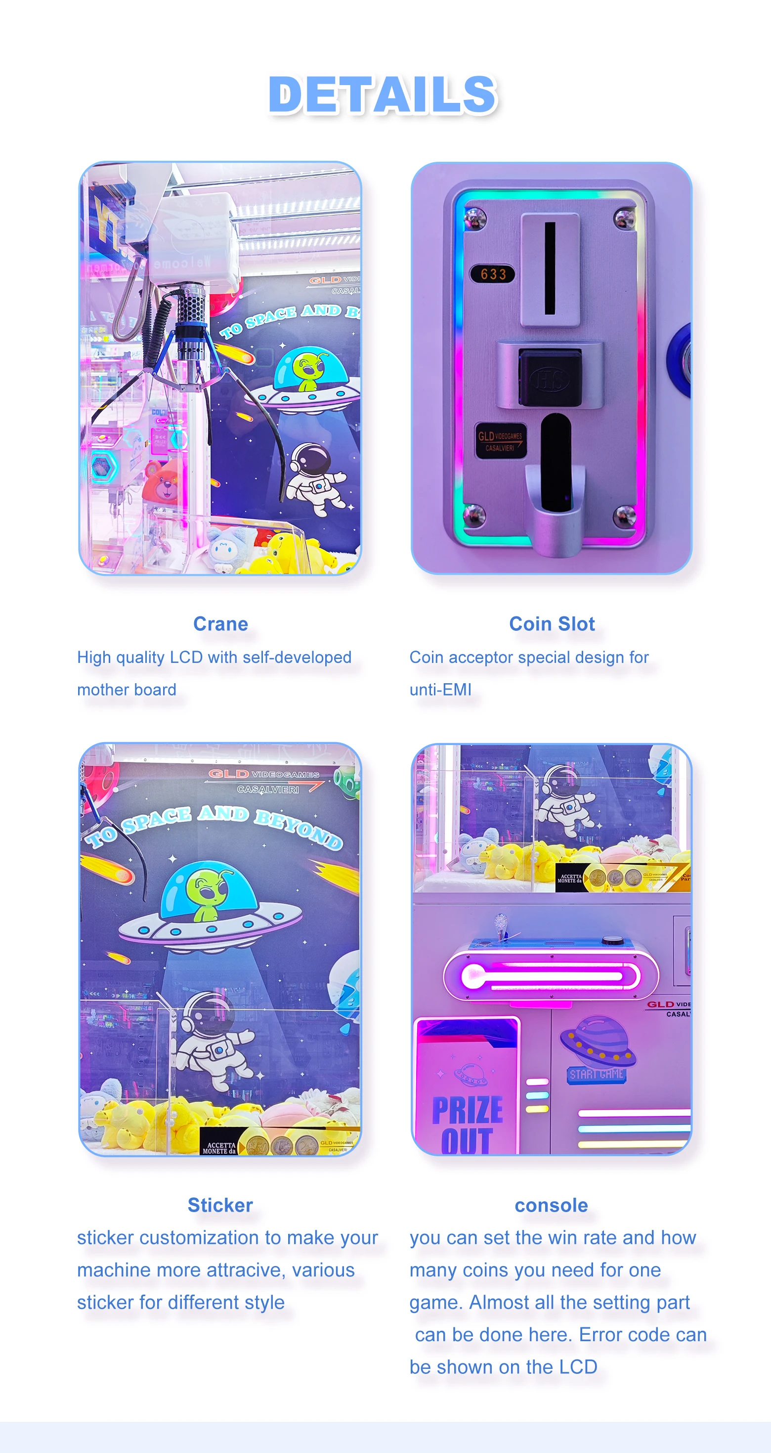 New Full Moon Coin Operated Arcade Cheap Game Claw Machine Small Plush Toy Big Claw Crane Machine for Sale