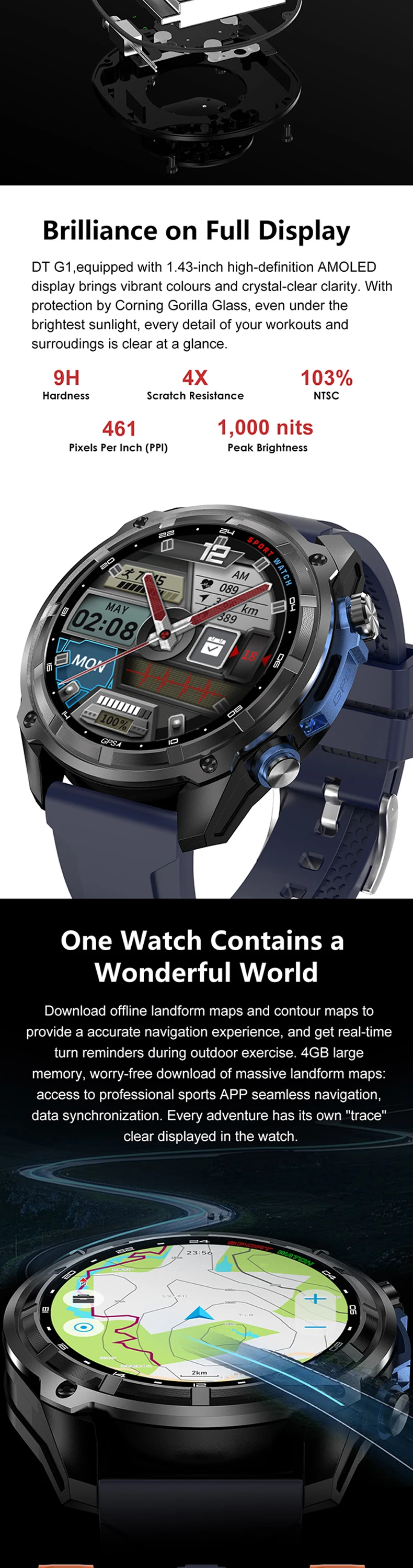 product new offline map gps smart watch dt g1 two straps 143inch amoled screen memory 4gb battery 860mah waterproof 3atm play video-4