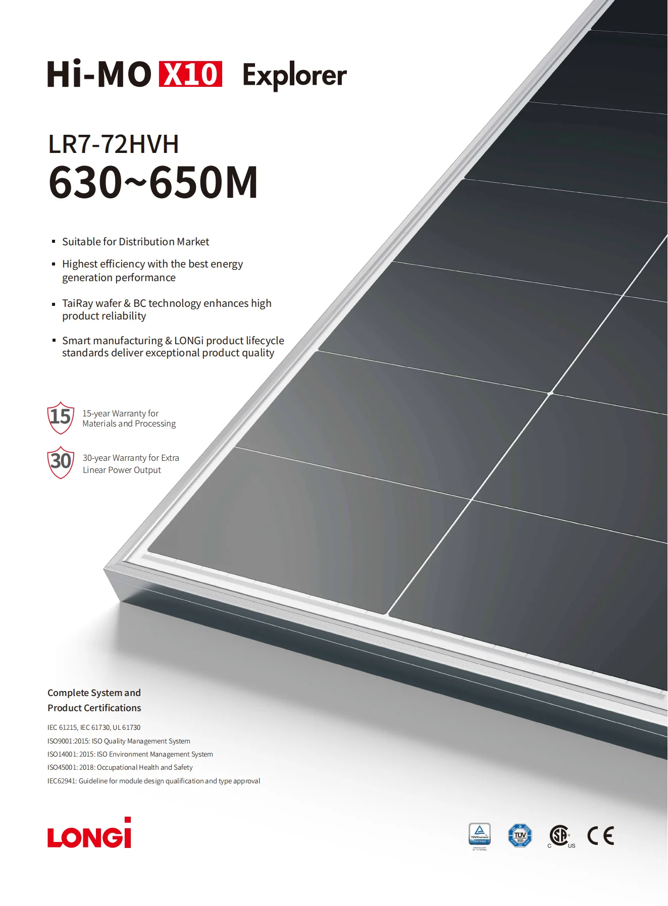 Longi Hi Mo X10 N-Type 630W-650W Solar Panel for Home Use Monocrystalline Silicon HJT Power OEM supplier