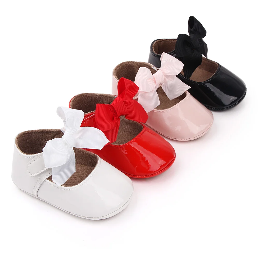 Solid Color PU Leather Top Big Bow Baby Girls Princess Soft Soled Non-slip Toddler Shoes factory