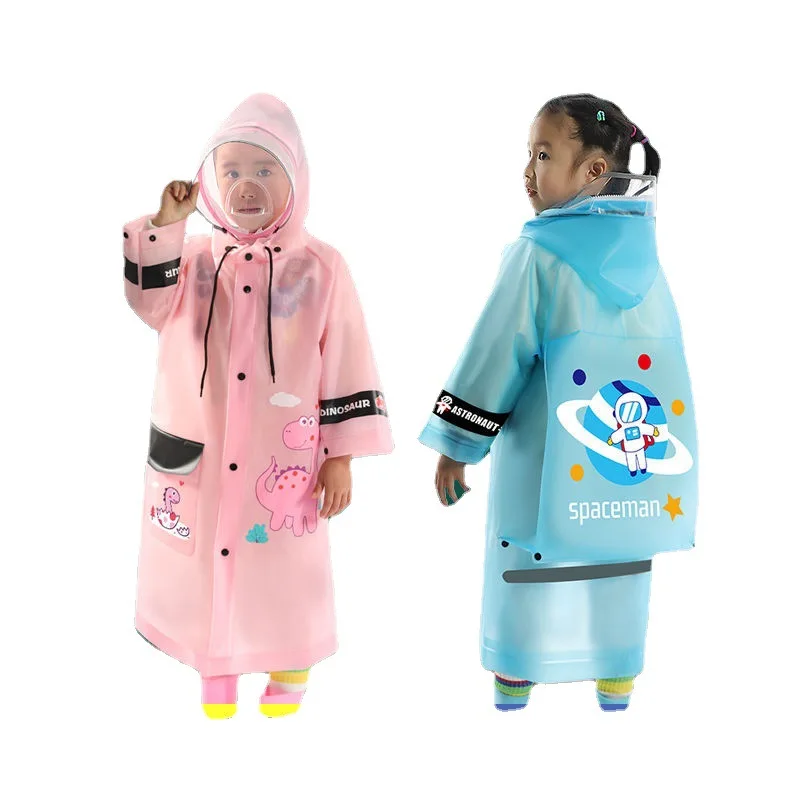 DD1493   Reflective Stripe Children Waterproof Poncho with Face Cover Cartoon Raincape Raincoat School Travel Kids Rainwear