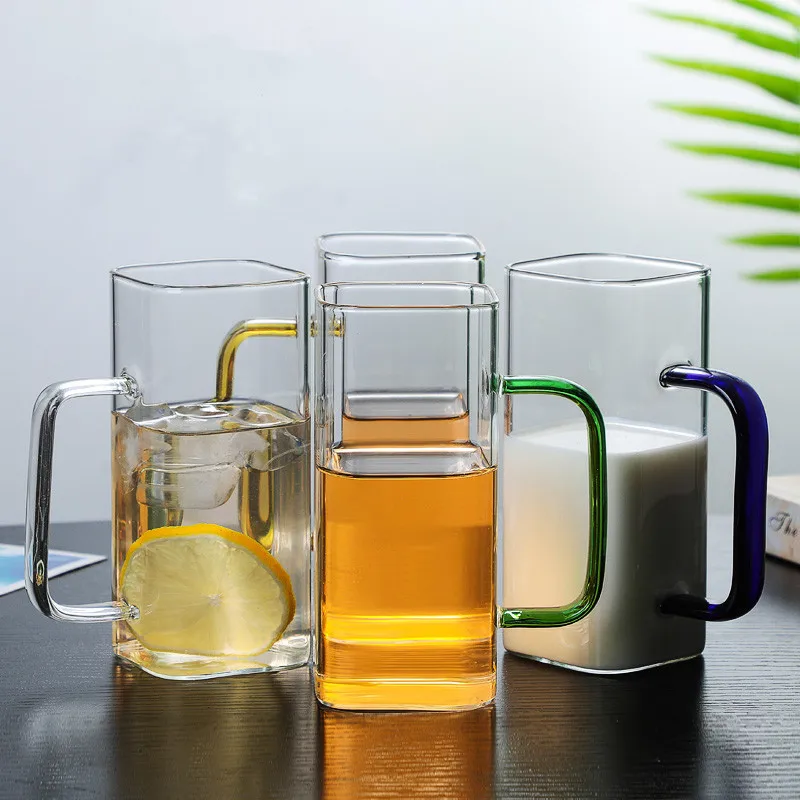 400ML  Premium Borosilicate Square-shaped  Glass Coffee Mugs Milk Cup with colored handle
