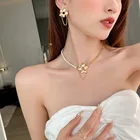 B246 B246 Vershal B246 New Arrival 18k Gold Plated Trendy Pearl Beaded Gold Flower Pendant Necklace Set