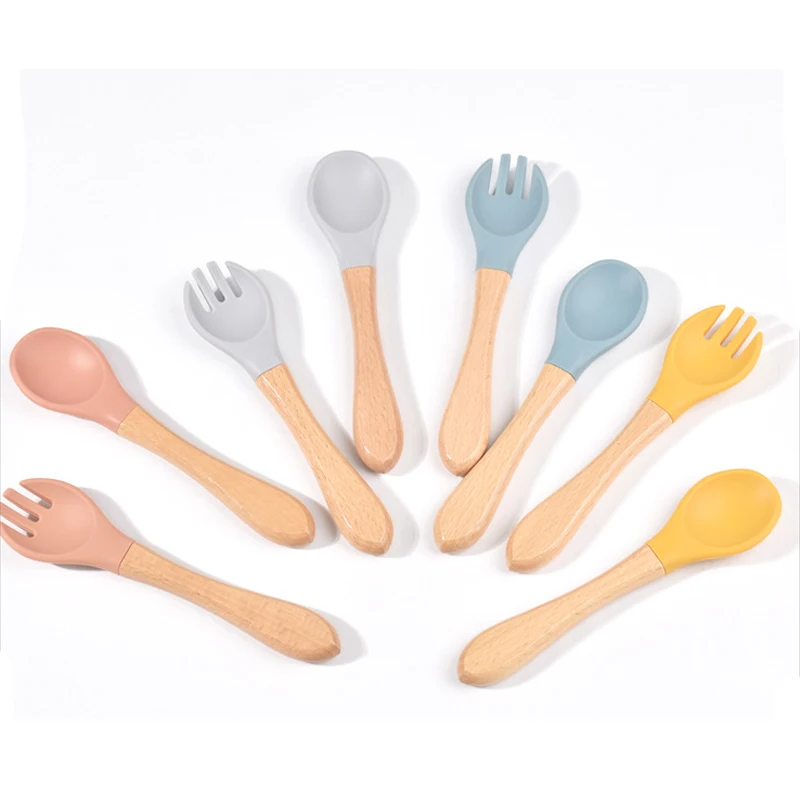 Baby Tableware Set Wooden Handle Silicone Spoon Fork for Training for Kids 0-12 Months Eat Solid Food Dishes