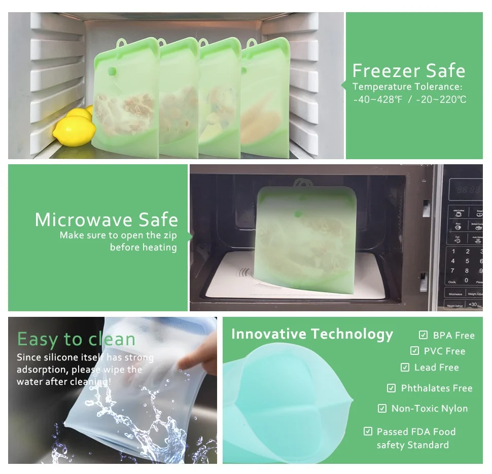 Reusable Modern Silicone Food Storage Bags Set 500ml/1000ml/1500ml Zip Lock for Fridge Freezer Tea & Breast Milk manufacture