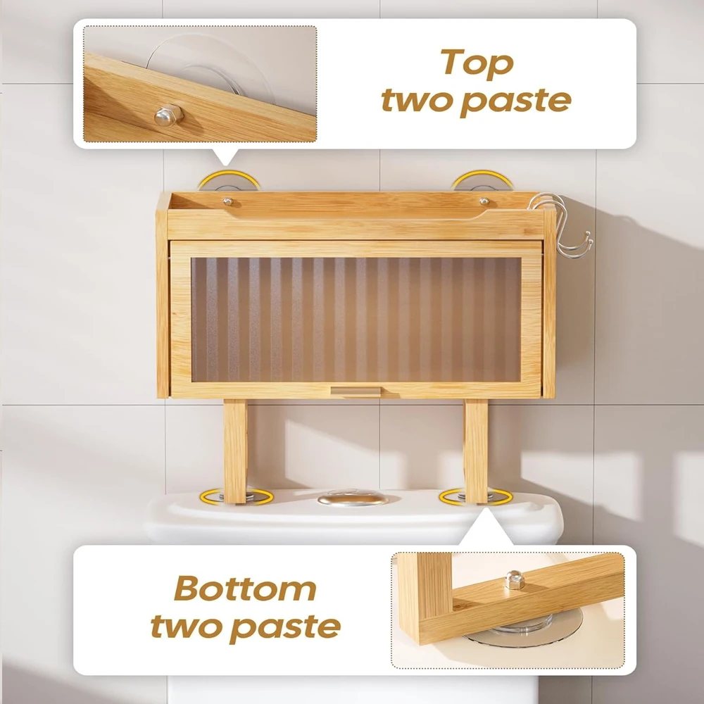 product bamboo wall mounted toilet storage cabinet space saving bathroom storage rack with lid and 2 hooks no drilling design-11