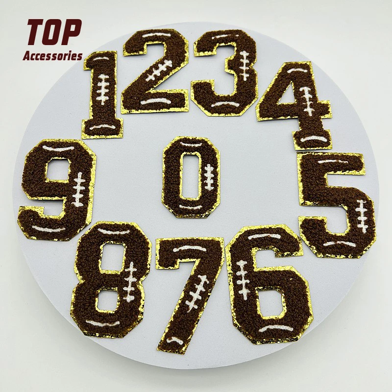 Stock Cotton Hot Melt Adhesive Brown Wholesale Numbers 1-9 Iron On Chenille Numbers Patches