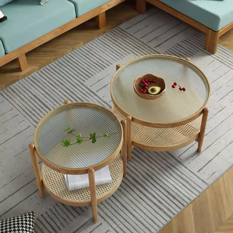 Rattan Round Water-Wave Center Table with Storage , with Wicker Tempered Glass for Living Room, Balcony and Garden