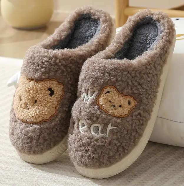 Cute lamb hair household warm bear cotton slippers can be customized Warm and Non slip