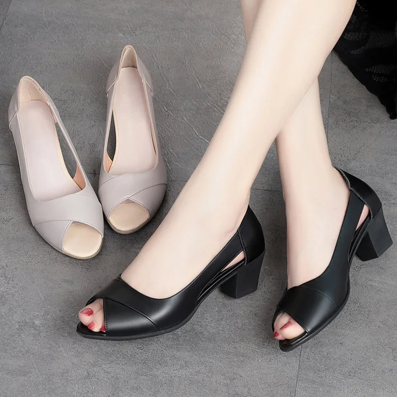 Summer Women Dress Shoes Peep Toe Office Work Shoes Medium Heels Pumps Open Toe Women Sandals Black zapatos mujer