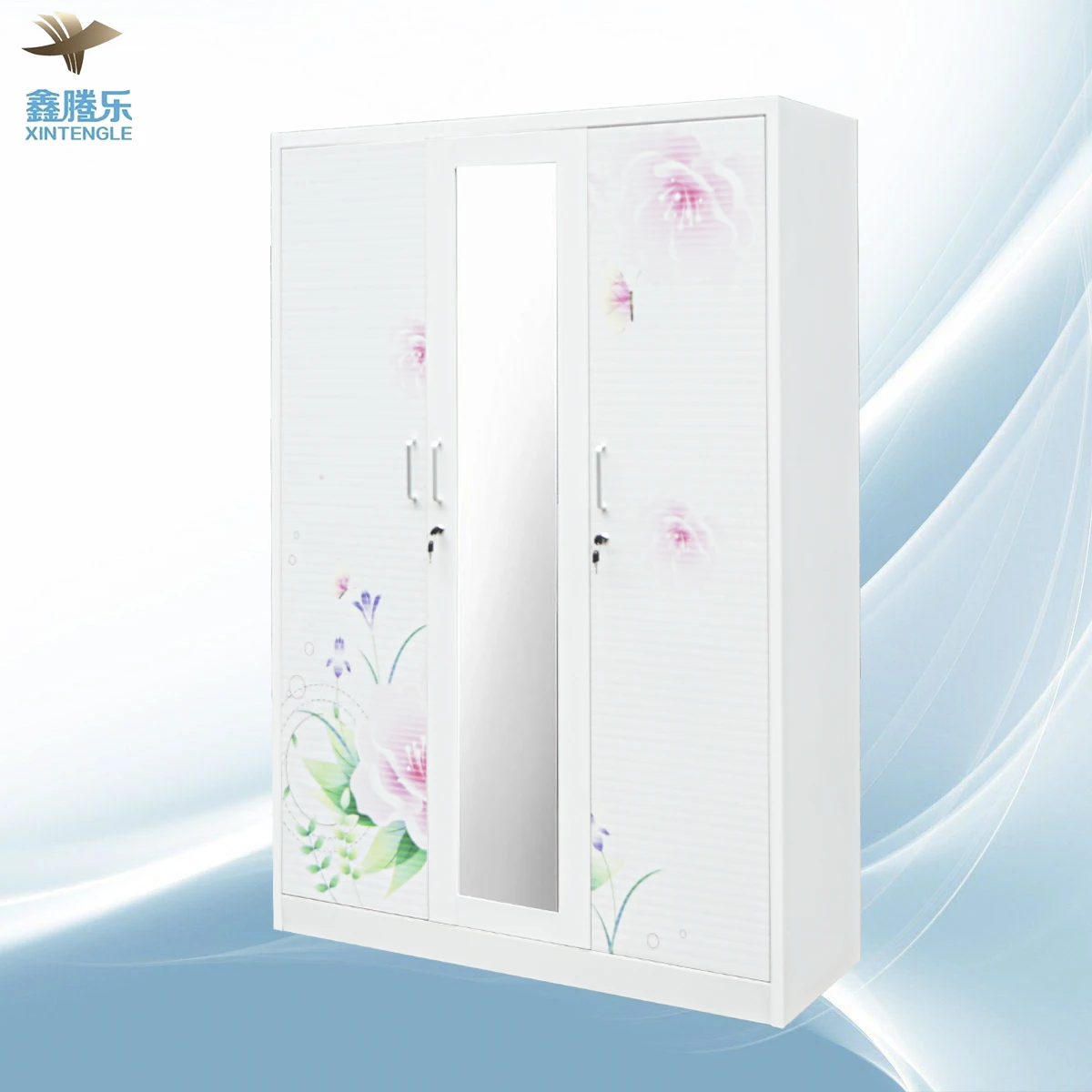 Tengle Flash Sale Cheap Steel 3-Door Almirah Bedroom Furniture with Lock and Key Steel Flower Printing Metal Wardrobe